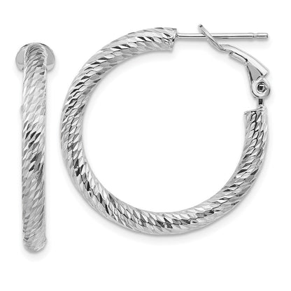 14k 3x20mm White Gold Diamond-cut Round Omega Back Hoop Earrings