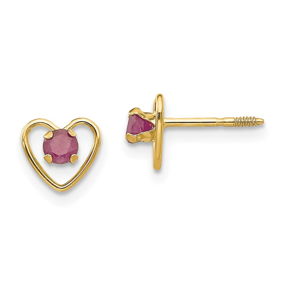 14k Yellow Gold 3mm Created Ruby Birthstone Heart Stud Earrings Gift for Women