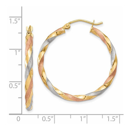 14k Yellow Gold White & Rose Rhodium Satin Twisted Hoop Earrings
