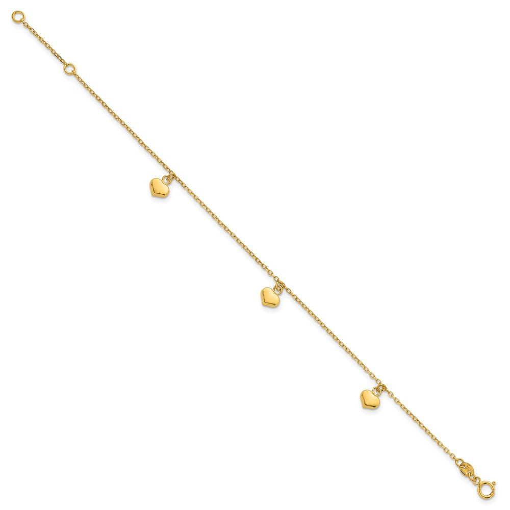 14k Yellow Gold  Three Puffed Heart Dangle 6.5" Bracelet Plus 0.75" Extender