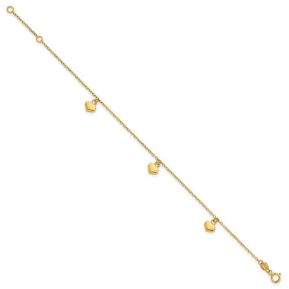 14k Yellow Gold  Three Puffed Heart Dangle 6.5" Bracelet Plus 0.75" Extender