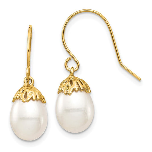 14k Yellow Gold 7-8mm White Rice Freshwater Cultured Pearl Dangle Earrings