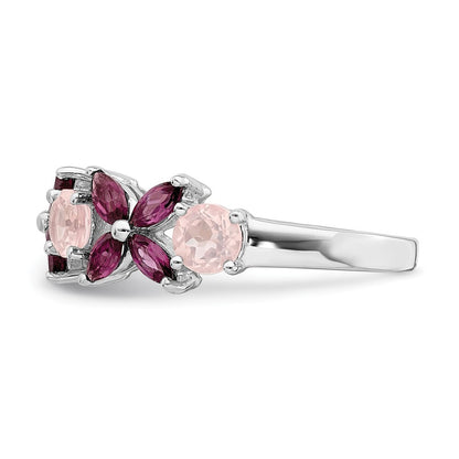 Sterling Silver Rhodium-plated Rose Quartz & Rhodolite Ring Size 8