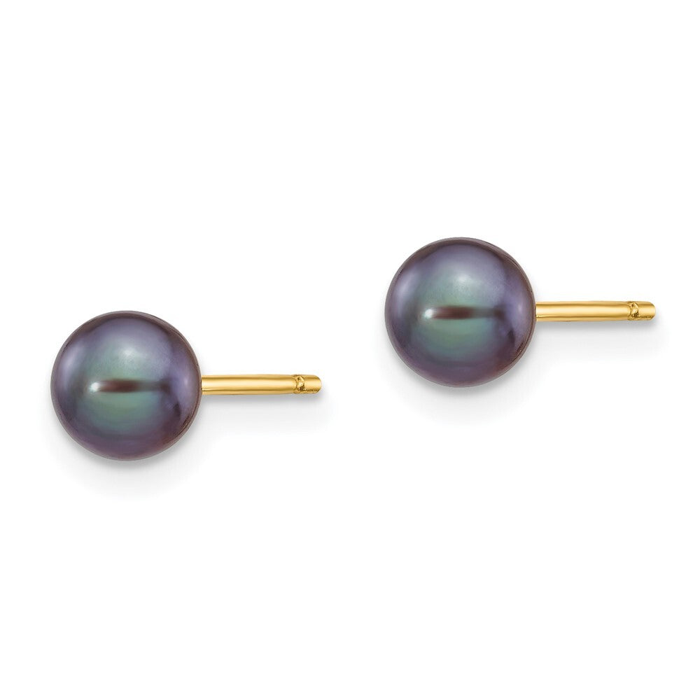 14k Yellow Gold 5-6mm Black Round Freshwater Cultured Pearl Stud Earrings