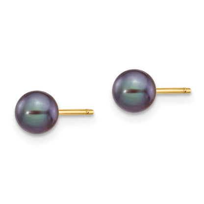 14k Yellow Gold 5-6mm Black Round Freshwater Cultured Pearl Stud Earrings