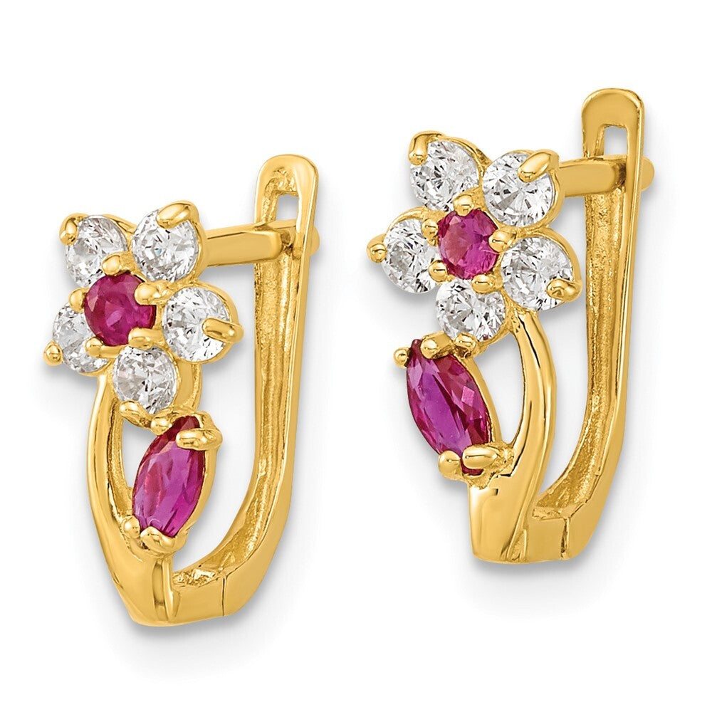 14k Yellow Gold Red & Clear Cubic Zirconia Flower Hinged Stud Earrings