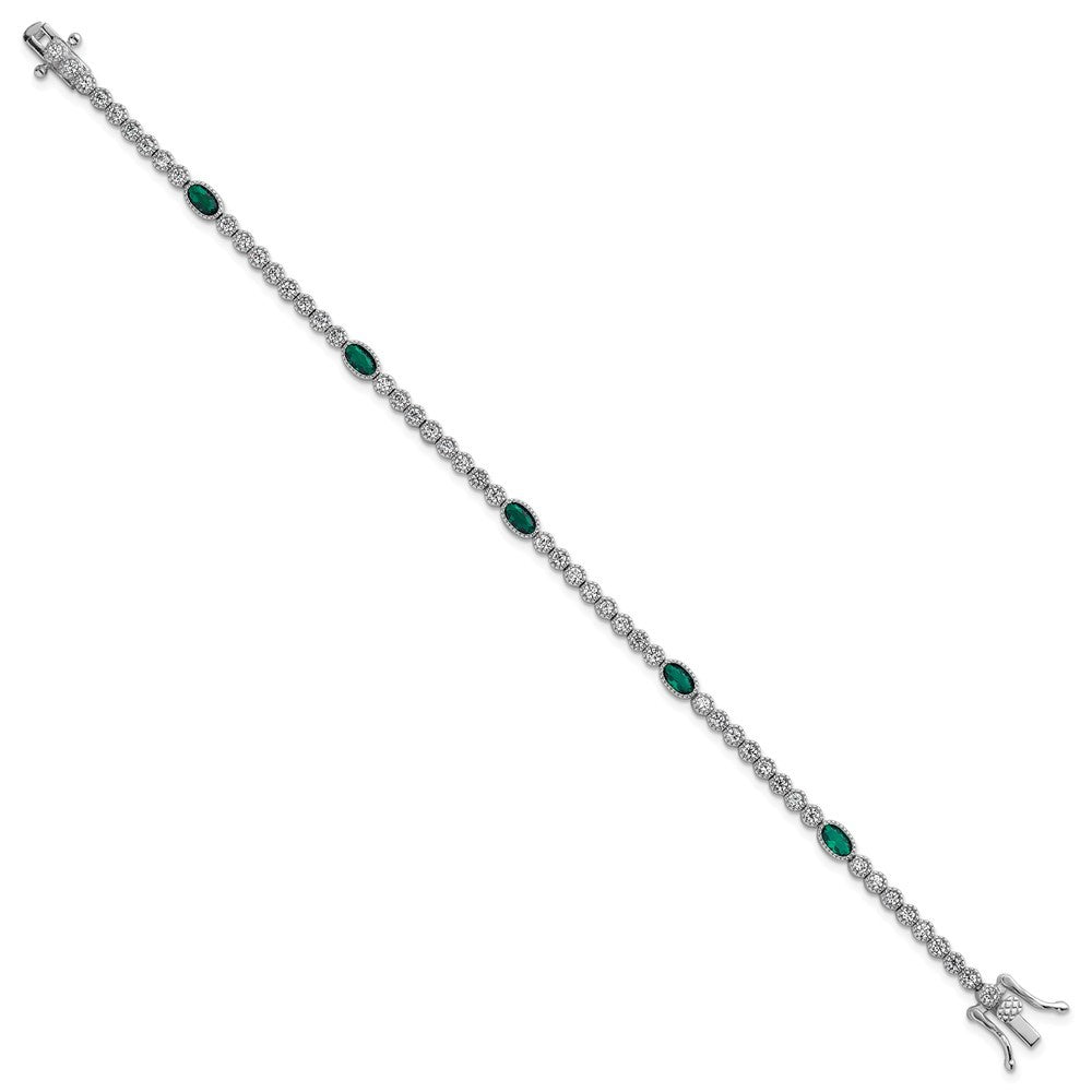 Sterling Silver and Beaded Fancy Oval Green and Round White CZ 7" Bracelet