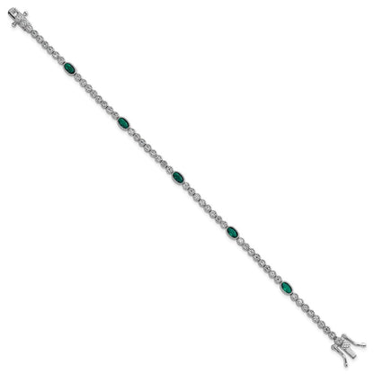 Sterling Silver and Beaded Fancy Oval Green and Round White CZ 7" Bracelet
