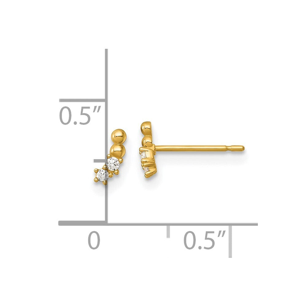 14k Yellow Gold Polished and Beaded Cubic Zirconia Curved Stud Earrings