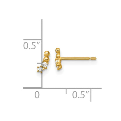 14k Yellow Gold Polished and Beaded Cubic Zirconia Curved Stud Earrings