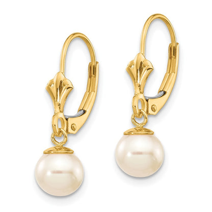 14k Yellow Gold 6-7mm Round Freshwater Cultured Pearl Dangle Leverback Earrings