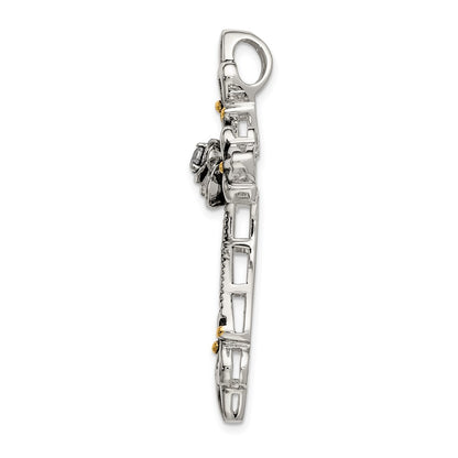 Sterling Silver Gold-plated Cubic Zirconia Antiqued Cross Slide