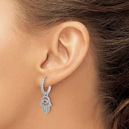 Sterling Silver Blue/White Cubic Zirconia Evil Eye Hamsa Dangle Hoop Earrings