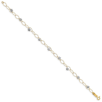 14k Two-tone Diamond-cut Puffed Stars and Oval Link 7.25 inch Bracelet