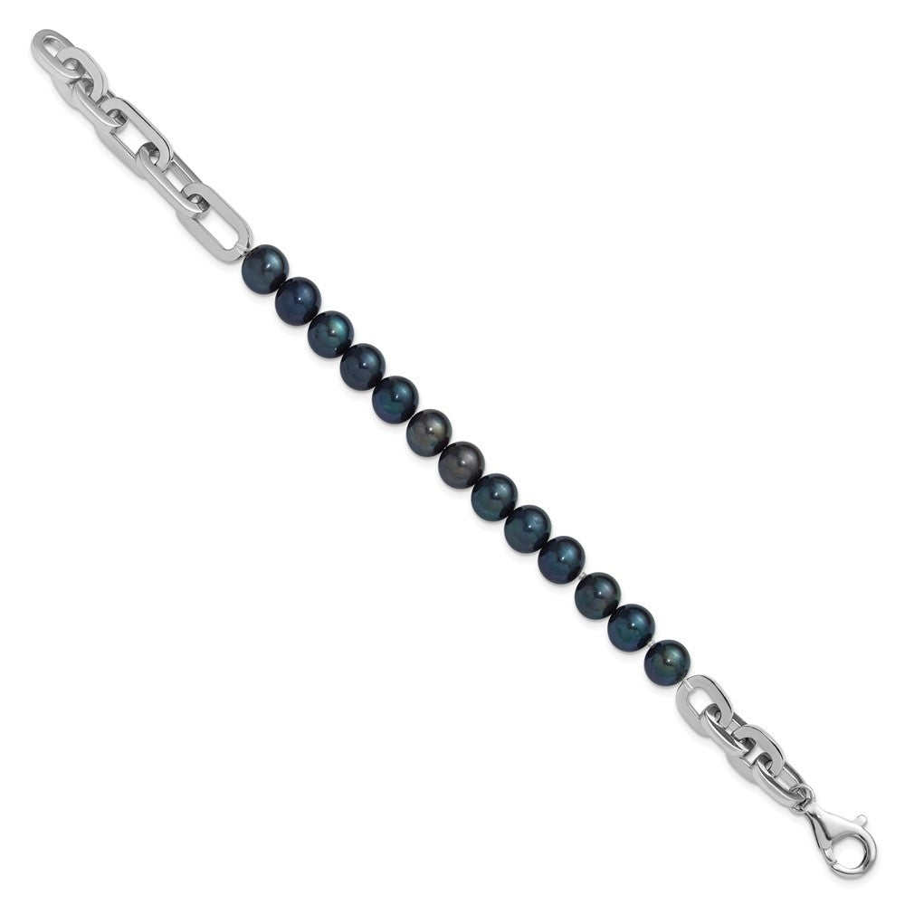 Sterling Silver Rhodium-plated 7-8mm Black Cultured Pearl Link 8" Bracelet
