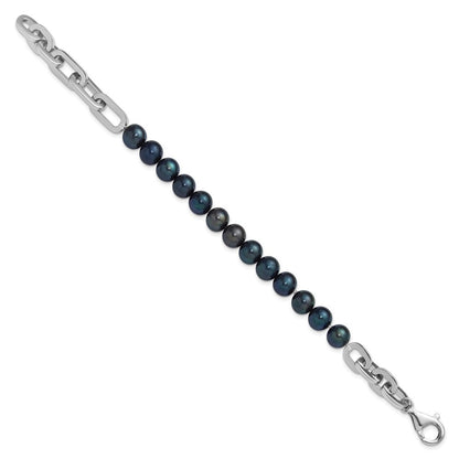Sterling Silver Rhodium-plated 7-8mm Black Cultured Pearl Link 8" Bracelet