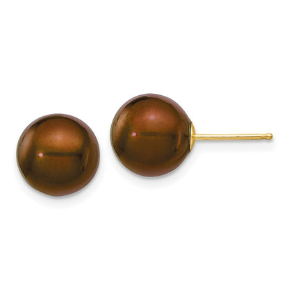 14k Yellow Gold 9-10mm Brown Round Freshwater Cultured Pearl Stud Post Earrings