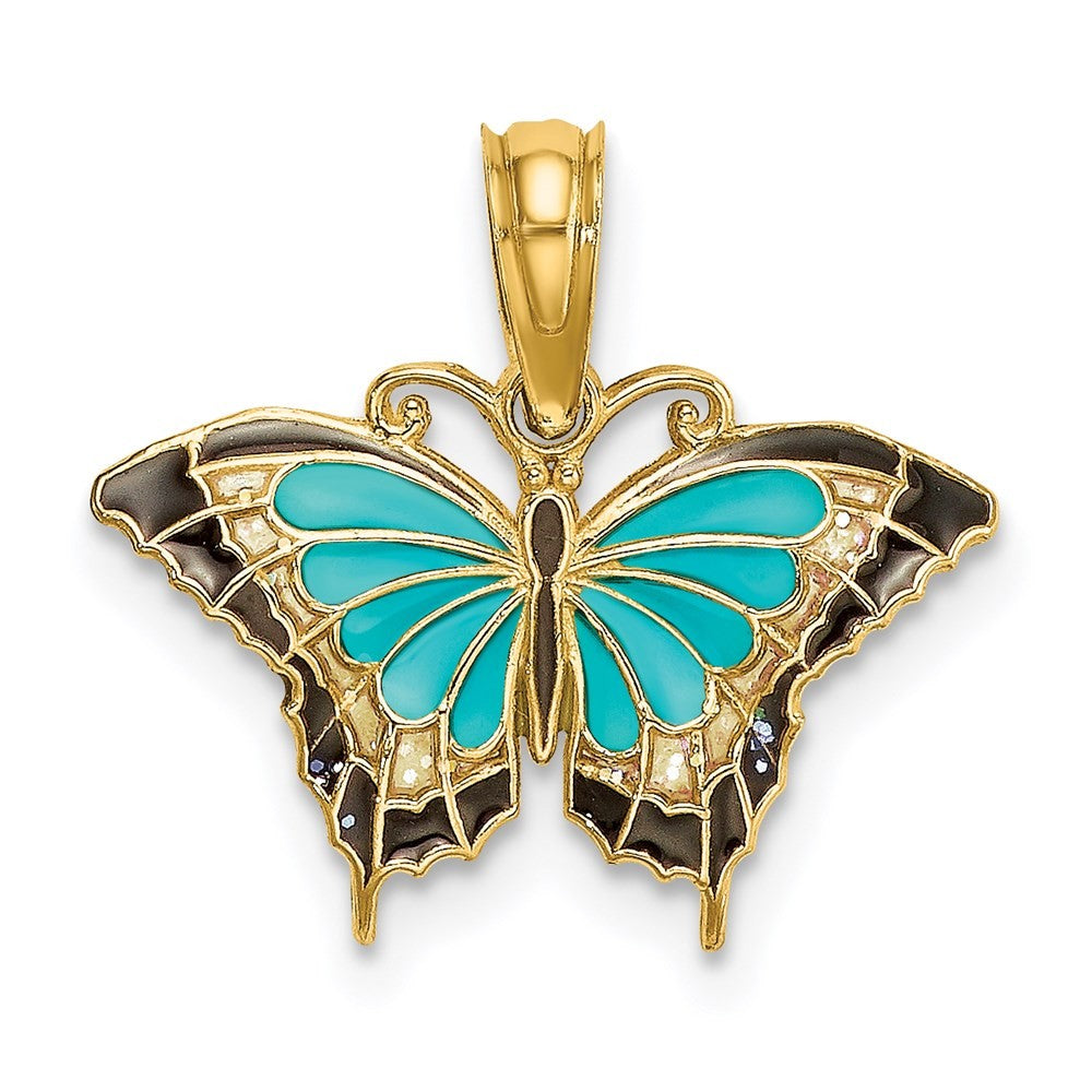 14k Yellow Gold Small Enameled Blue Butterfly Charm
