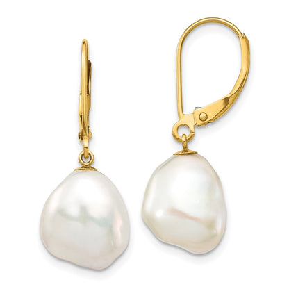 14k Yellow Gold 10x12mm White Keshi Freshwater Cultured Pearl Dangle Earrings