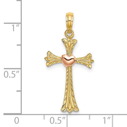 14k Two-tone Gold Textured Cross  Heart Charm Pendant for Women