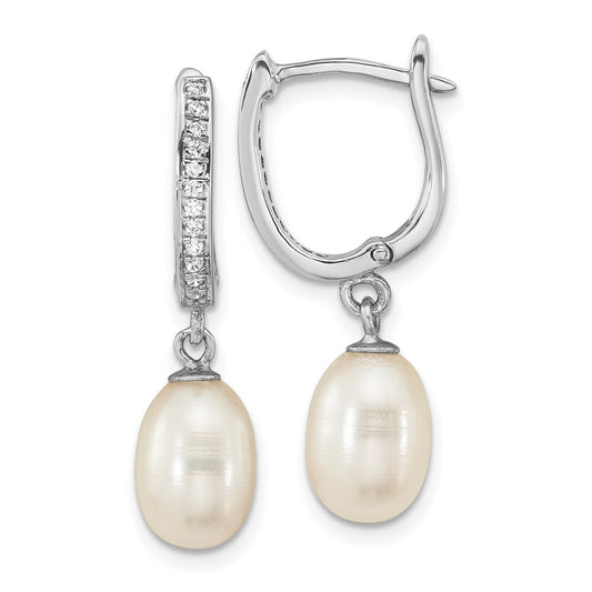 Sterling SilverWhite Rice Cultured Pearl & Cubic Zirconia Hoop Dangle Earring