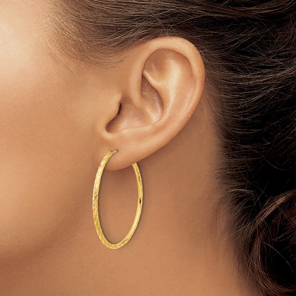 14k Yellow Gold Polished and Satin Diamond-Cut 2mm Endless Hoop Earrings