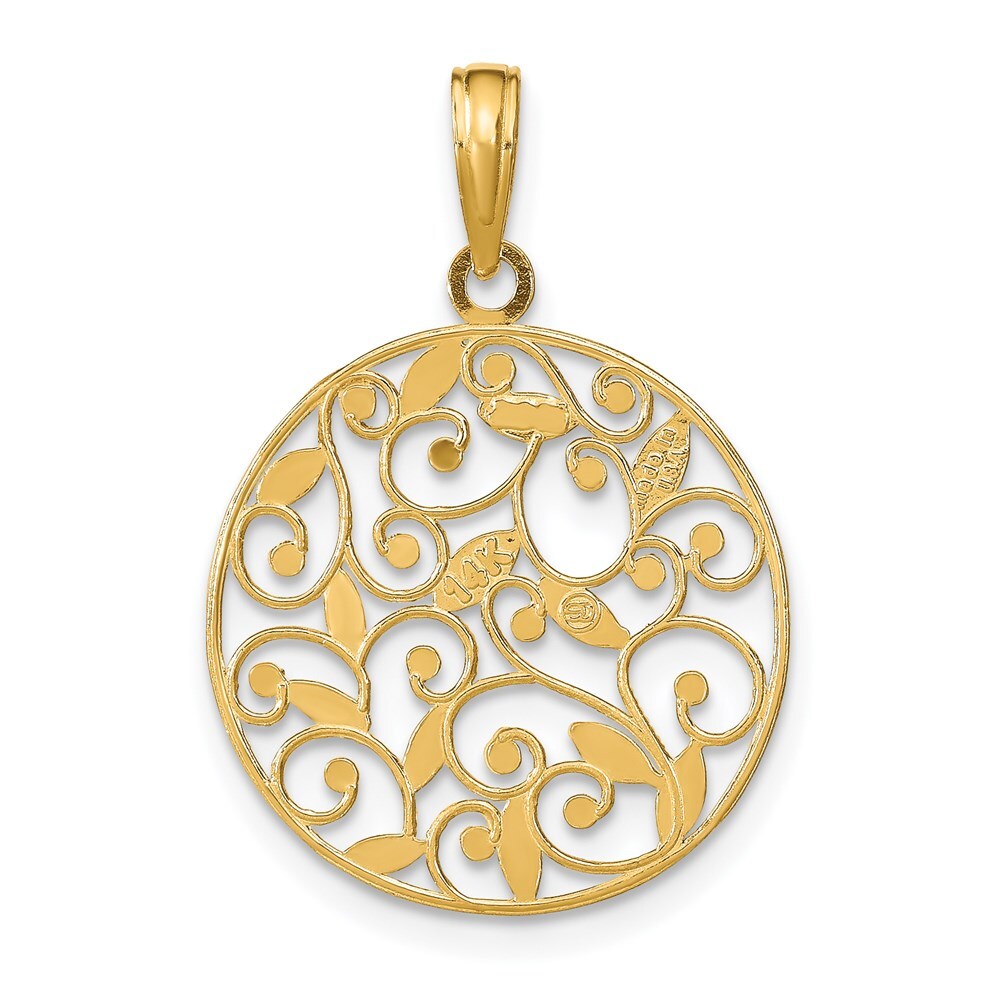 14k Yellow Gold Rhodium Diamond-Cut Filigree Round Charm Pendant for Women