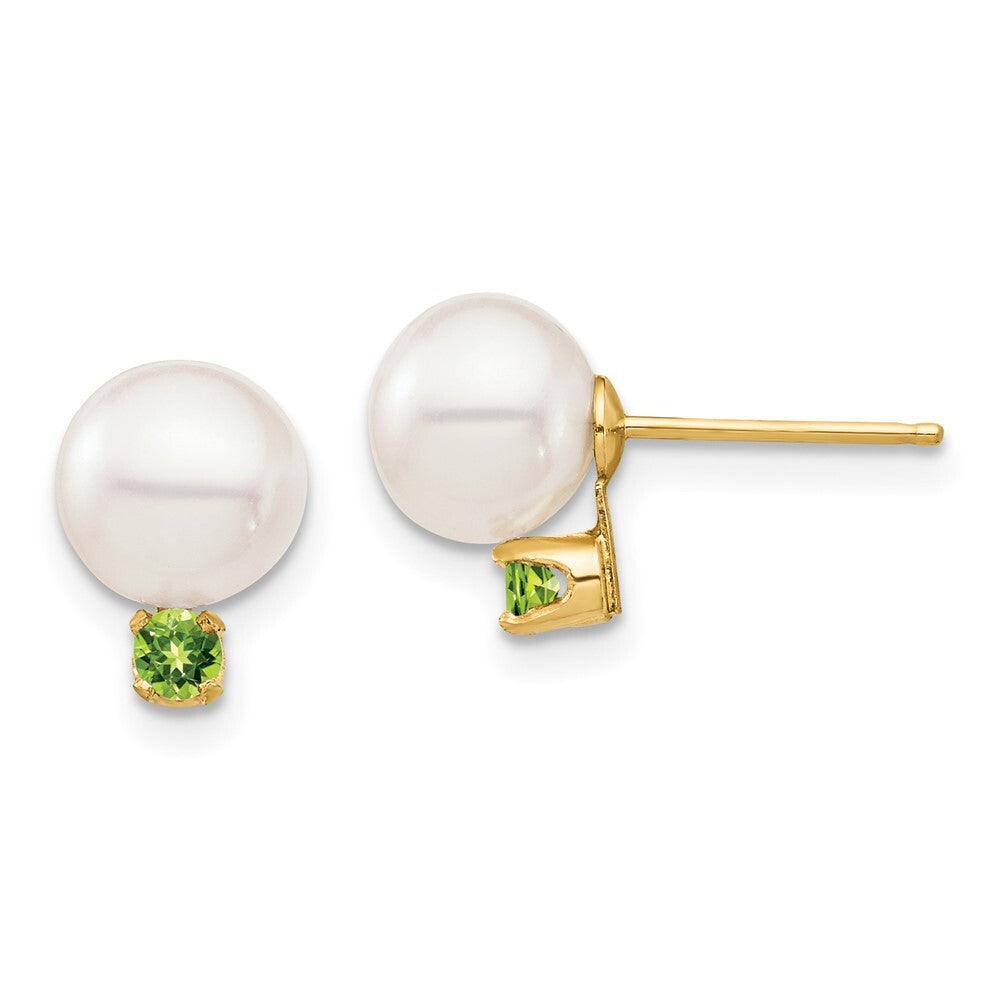 14k Yellow Gold 7-7.5mm Freshwater Cultured Pearl & Peridot Stud Earrings