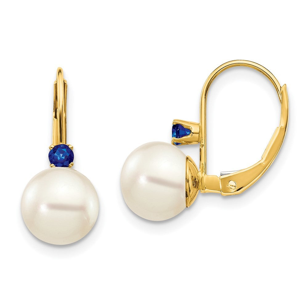 14k Yellow Gold 7-7.5mm White Round Cultured Pearl Sapphire Leverback Earrings