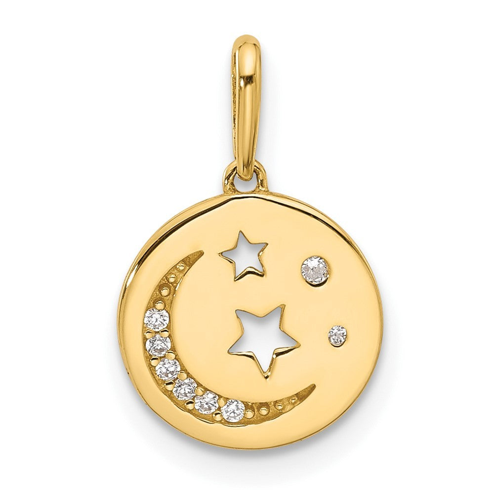 14k Yellow Gold Polished CZ Moon and Stars in Disc Pendant