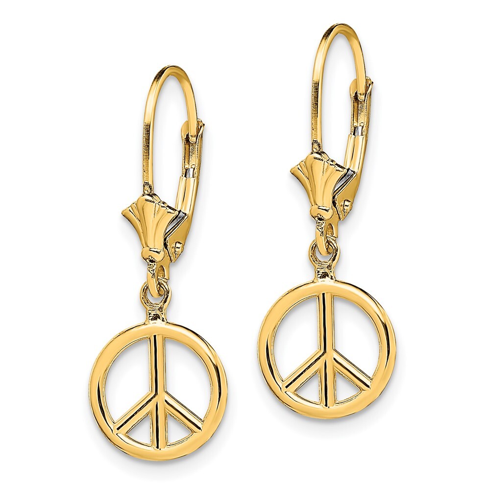 14k Yellow Gold 3-D Peace Symbol Dangle Earrings Leverback Gift for Women