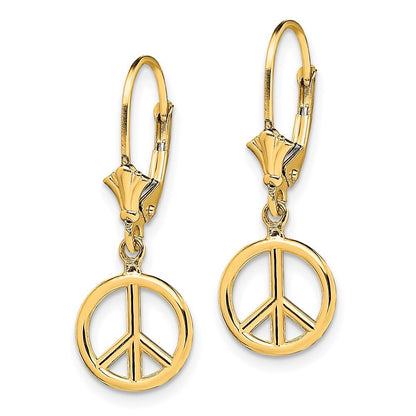 14k Yellow Gold 3-D Peace Symbol Dangle Earrings Leverback Gift for Women