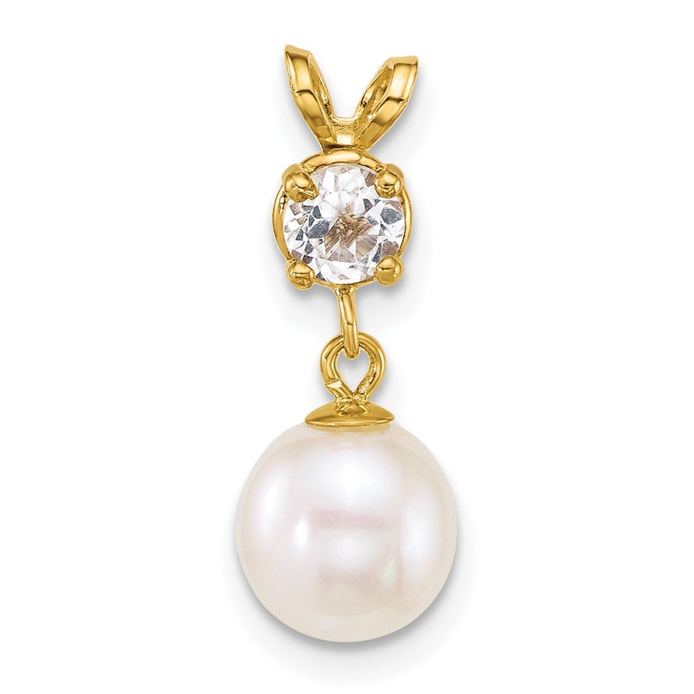 14k Yellow Gold 7-8mm Round White Cultured Pearl Dangle and White Topaz Pendant