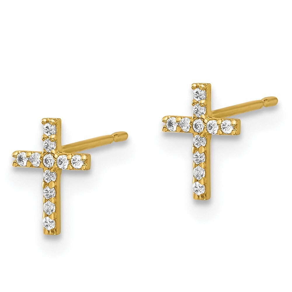 14k Yellow Gold Polished Cubic Zirconia Cross Stud Earrings Gift for Women