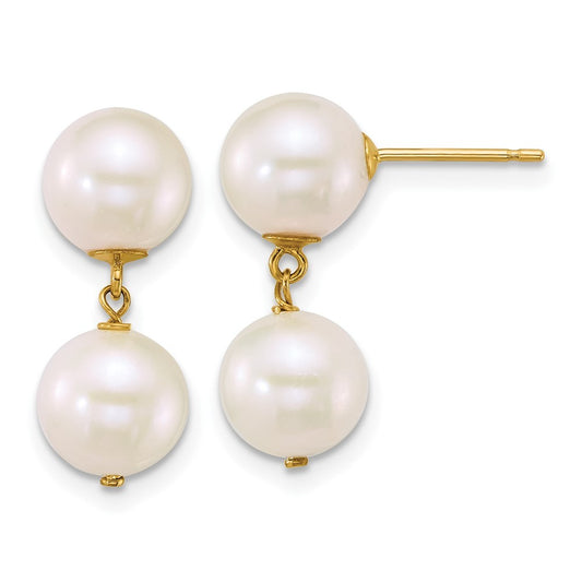 14k Yellow Gold 7-8mm Round White Cultured 2-Pearl Dangle Post Earrings