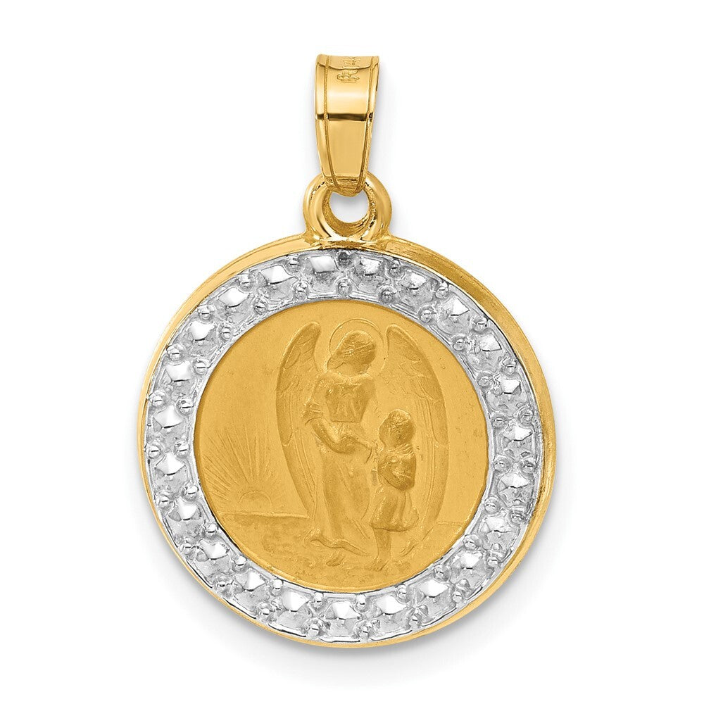 14k Yellow Gold and White Rhodium Hollow Our Guardian Angel Medal Pendant