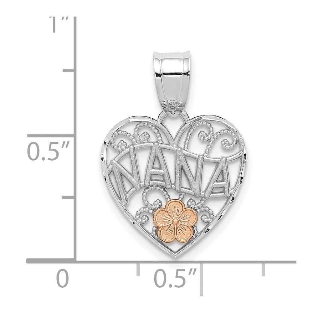 14k White Gold w Rose Gold Flower NANA Heart Pendant