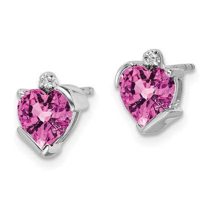 14k White Gold Created Pink Sapphire and Diamond Heart Stud Earrings