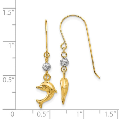 14K Two Toned Puffed Dolphin Drop Dangle Earrings w/ Shepherd Hook