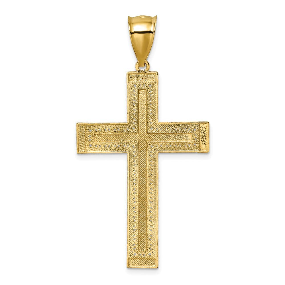 14k Yellow Gold Polished Rhodium Diamond-cut Textured Fancy Cross Pendant