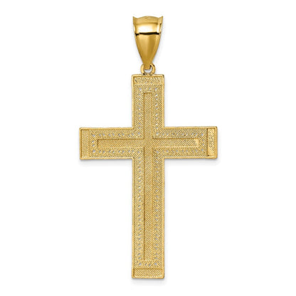 14k Yellow Gold Polished Rhodium Diamond-cut Textured Fancy Cross Pendant