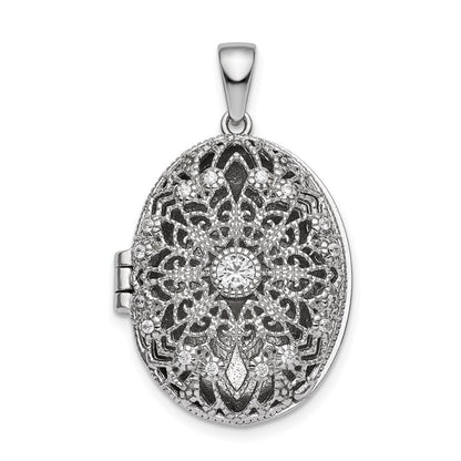 Sterling Silver Cubic Zirconia Filigree Top Polished Back Oval Locket