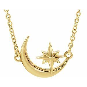 14k Yellow Gold Crescent Moon & Star Pendant Necklace 16-18" for Women