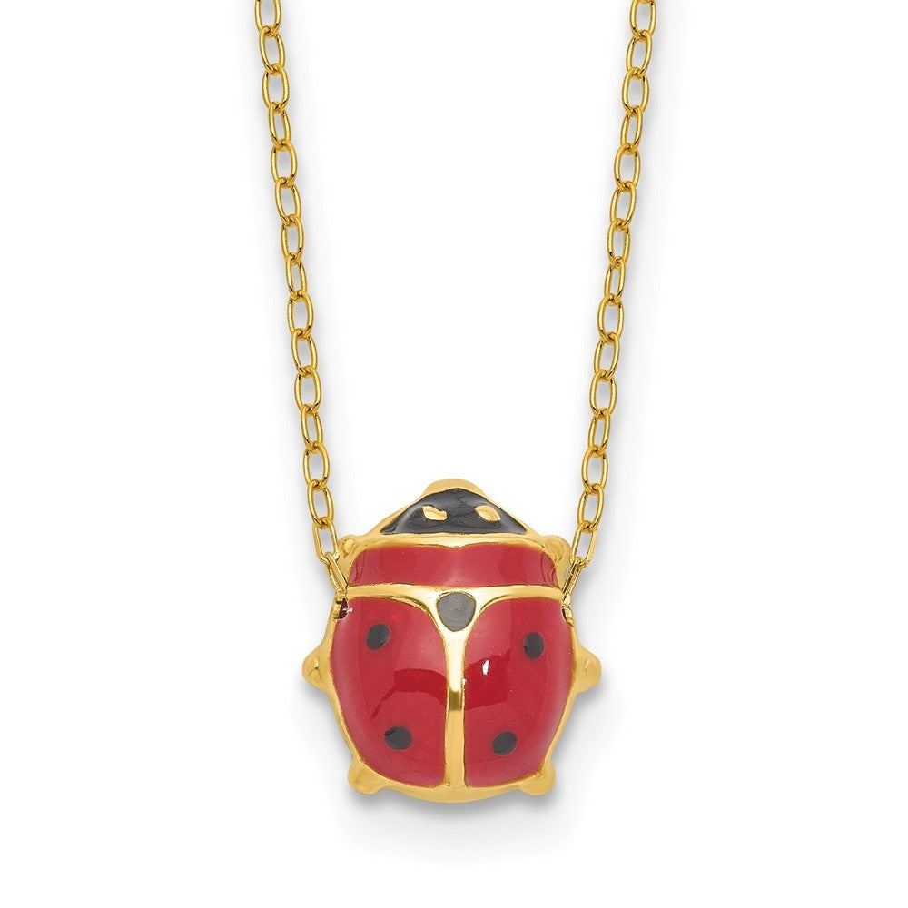 14k Yellow Gold  Red and Black Enameled Ladybug 17" Necklace Plus 1" Extender
