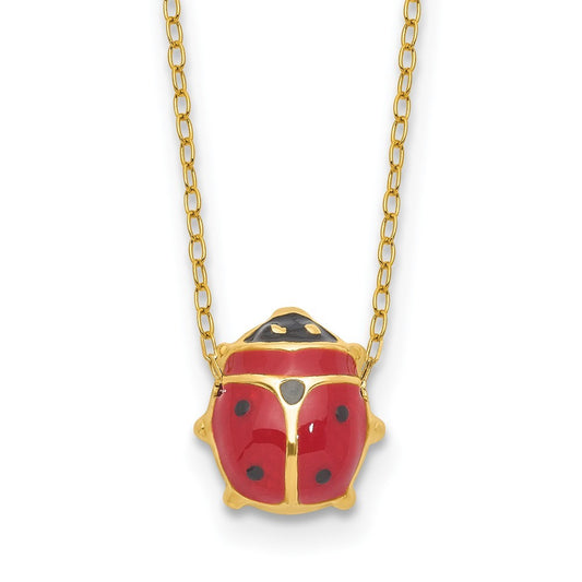 14k Yellow Gold  Red and Black Enameled Ladybug 17" Necklace Plus 1" Extender