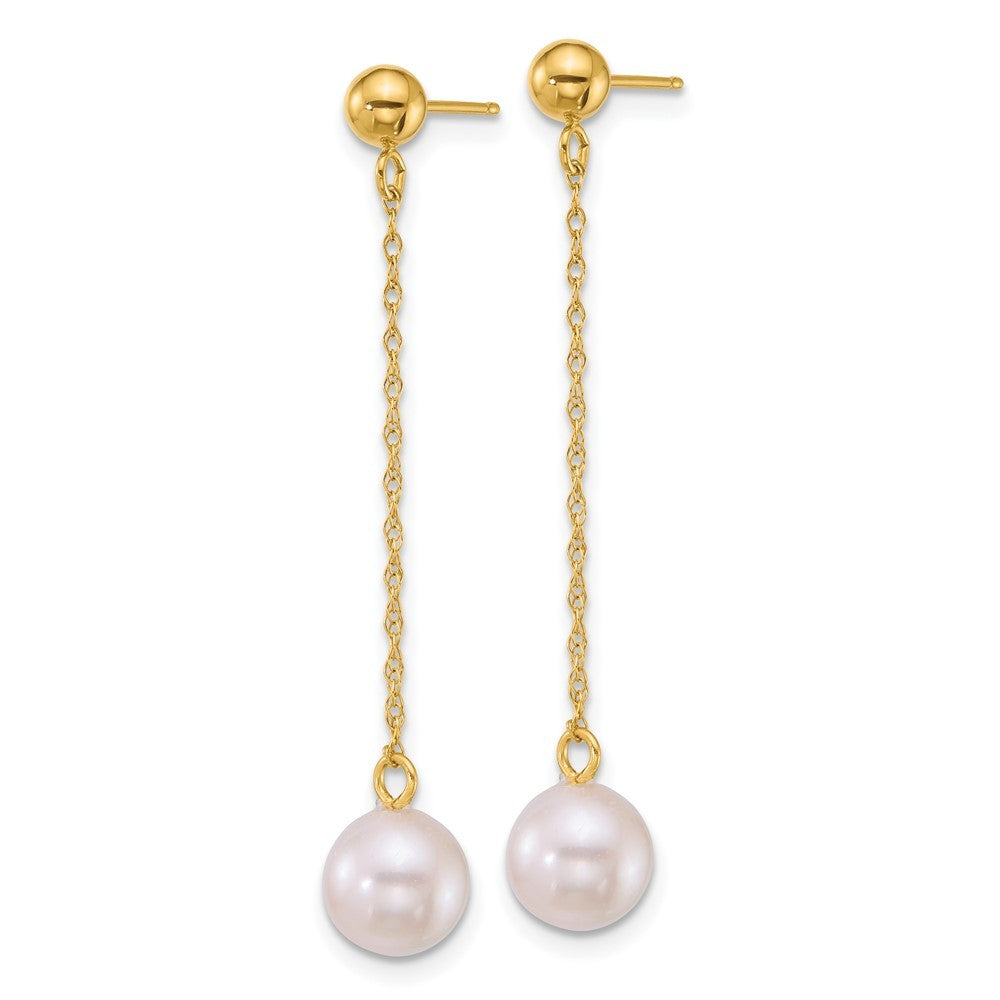 14k Yellow Gold Polished Akoya Saltwater Cultured Pearl Chain Dangle Earrings
