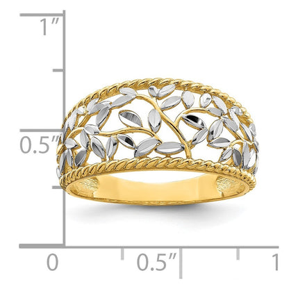14K Yellow Gold w/Rhodium Diamond-cut Filigree Leaf Ring Size 7