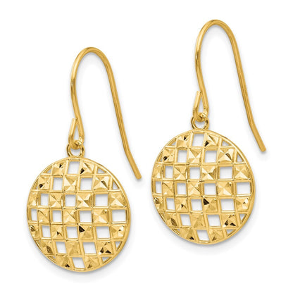 14k Yellow Gold Circle Diamond-cut Shepherd Hook Stud Earrings Gift for Women