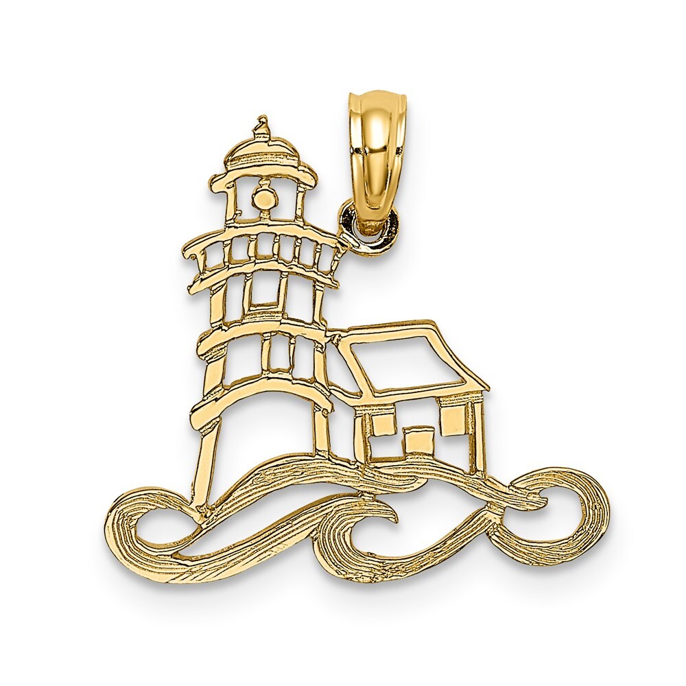 14k Yellow Gold Cut-Out Lighthouse  Water Charm Pendant for Women