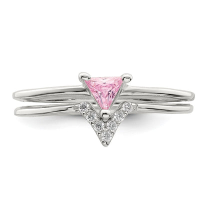 Sterling Silver Pink Trillion CZ and White CZ Ring Set Size 7